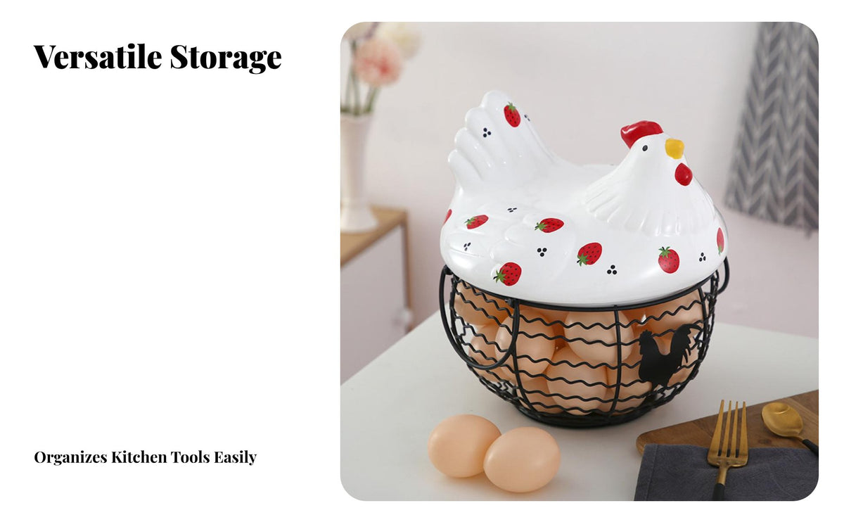 Strawberry Pattern Hen Basket Nordic Design Ceramic Chicken Lid Basket Hand-Painted Ceramic Hen Storage Container for Living Room, Dining Table