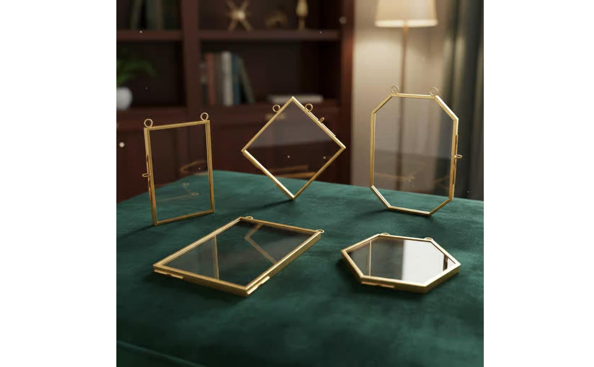 5 Pieces Vintage Glass Art Frame Creative Design Brass Metal Frame Easy to Display