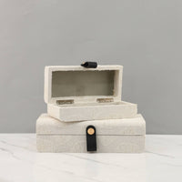 2 Pieces Decorative Storage Box with Strap Closure Hard-Sided Textile Storage Box with Lid Neutral Closet Organizer Container for Vanity