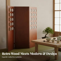 Retro Design 3-Panel Folding Screen Solid Wood Frame 3-Panel Circle Cutout Screen Foldable Room Divider Decorative for Guesthouse Owners, Homeowners, Awayice Workers, Bedroom, Studio Apartment