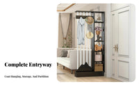Multi-Functional Unrestricted Standing Partition with Coat Hooks and Shelves Space-Saving Unrestricted Standing Garment Rack with Shelves Strong Load-Bearing Room Divider Small Footprint for Families, Homeowners, Apartment Dwellers, Foyer, Hallway