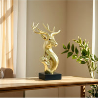 Gold Deer Figurine Tabletop Deer Sculpture with Base Shiny Figurine with Pedestal Stand Modern for Homeowners, Bookshelf