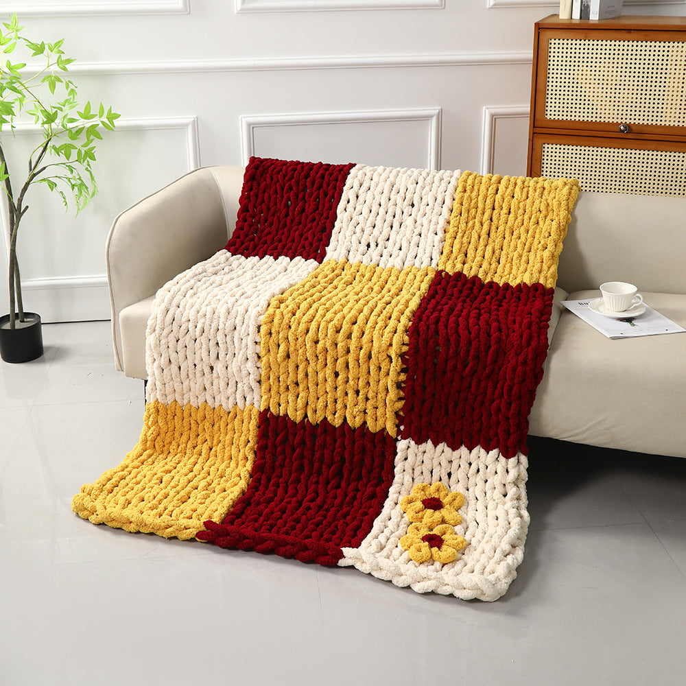 Handwoven Chunky Yarn Blanket Three-Color Patchwork Knitted Sofa Throw Blanket Autumn Winter Thick Warm Blanket
