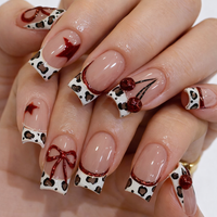 3D French Tip Press On Nails with Floral Rhinestones, Artificial Ons for Girls Wedding, Includes Jelly Glue and File