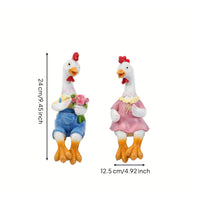 Farmhouse Chicken Couple Statues Seated Chicken Figurines with Overalls Cute Lawn Ornament Weather-Resistant for Gardeners, Balcony, Planter