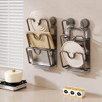 Pot Lid Holder Suction Cup Mount, 3-Tier Lid Holder Kitchen, Aluminum Minimalist, 38x24x12cm for Small Storage Space