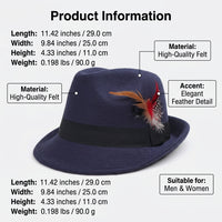 Fedora Hat for Men and Women with Colorful Feather Band, Classic Trilby Style for Wedding Guest and Parties, Lightweight Polyester Felt