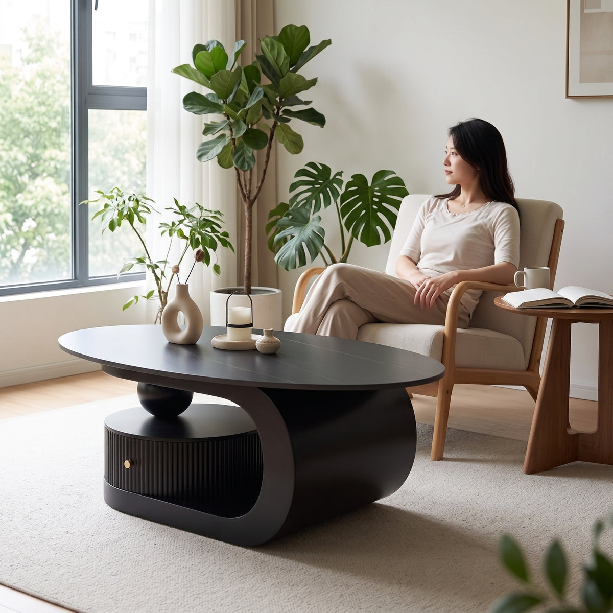 Oval-Shaped Coffee Table Table Ribbed Coffee Table with Storage Modern Furniture for Living Room, Lounge Areas, Small Apartments