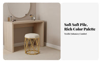 golden-hued Frame Upholstered Round Stool with Metal Legs Padded Seat Upholstered Vanity Stool Soft paddinged Top Household Furniture plush fabric Upholstery for Beauticians, Apartment Dwellers, residents, Makeup Room, Bedroom, Nail Salon, Entryway