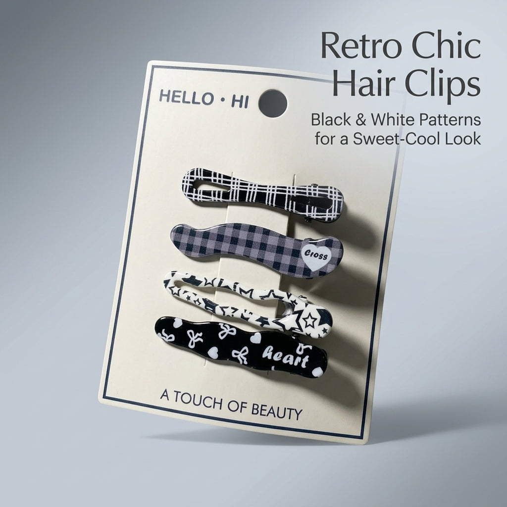 Retro Style Hair Clips for Girls, Checkered and Metal Alligator for Bangs and Side Styling, 6cm Duck Bill
