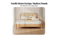 Rattan Headboard Bed Retro Design Solid Wood Foundation Bed Aesthetic Bedroom Furniture for Guesthouse Owners, Couples, Guest Room, Hotel, Home