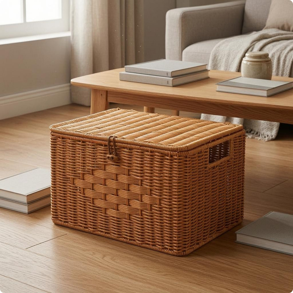 Natural Brown Imitation-Rattan Storage Box Rounded Edges Handmade Lidded Box Handle Openings Rectangular Storage Basket Handwoven