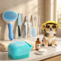 Nail Clippers and Lice Comb in a 7-Piece Cat Grooming Kit, Dog Bath Brush with Curved Bristles and Massage Beads, Puppy Grooming Supplies Set