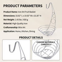 Fruit Bowl with Banana Hanger for Kitchen Countertop, Metal Wire Basket with Perforated Design for Air Circulation