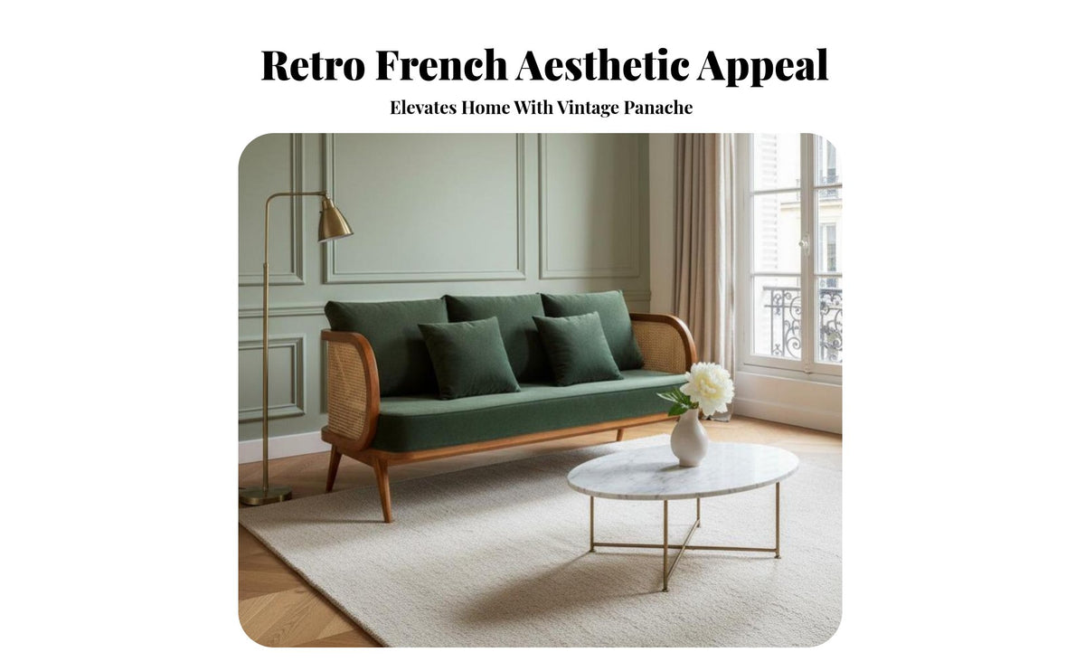 Dark emerald Fabric 3-Seater Rattan Panel Settee French Vintage Look Rattan Armrest Seating Group sturdy Wood Frame Sofa mid-centuryera design for Apartment Dwellers, Homeowners, Lounge Area, perusing corner, Office, Bedroom