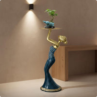 Female Tray Holder Statue Gold Finish Luxury Art Figure Decor Gift Idea Figurine for Entryway