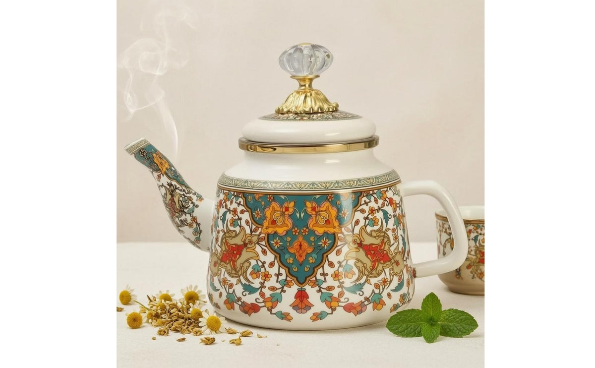 Floral Enamel Tea Kettle Glossy White Teapot Kettle Side Handle