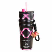 Portable Wrist Strap Large Capacity Insulated Cup Plaid Pattern Tumbler Drinkware for Office, School