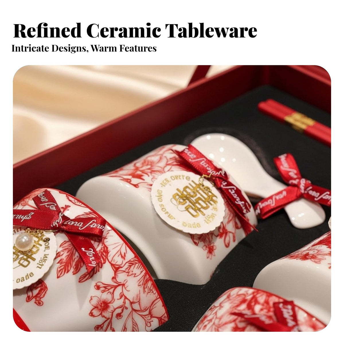 Wedding Gift Set, Chinese Ceramic Dinnerware, Red Festive Tableware, Bride, Bridesmaid, Elegant Box