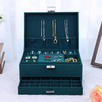 Divided Compartments Velvet Jewelry Box Hinged Lid Jewelry Box with Drawer Metal Latch Display Case Green