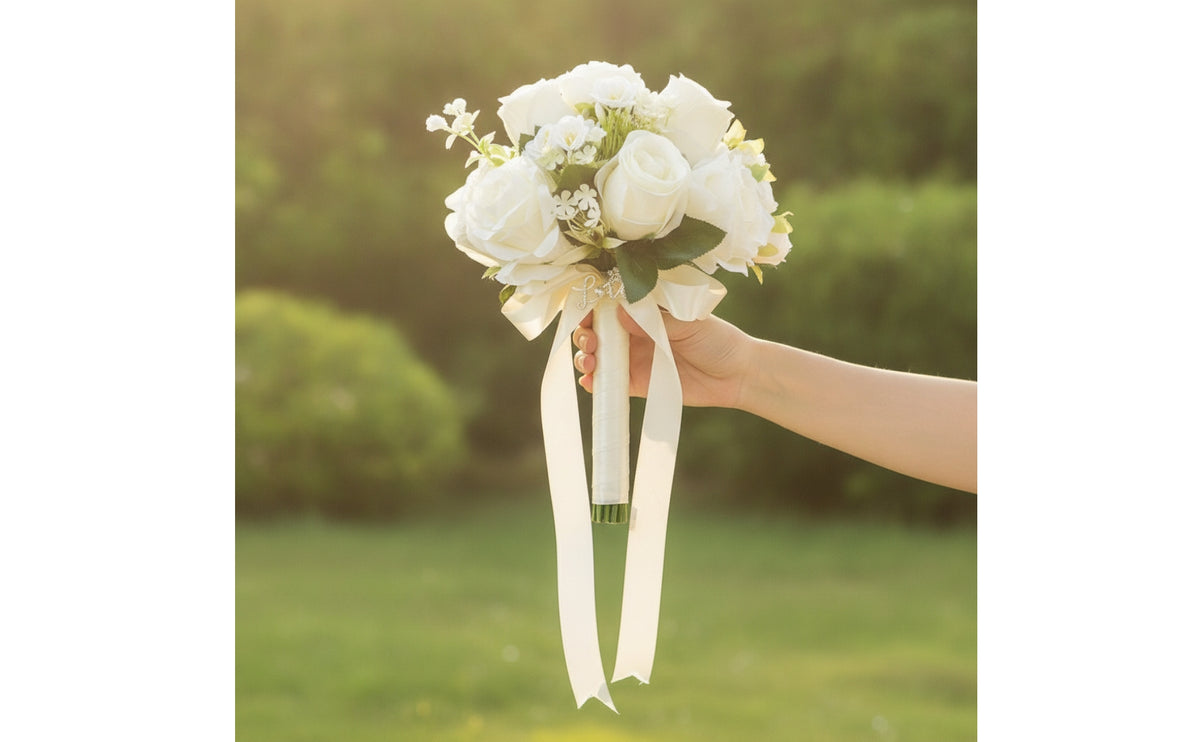 Silk Bridal Bouquet with Ribbon Romantic Wedding Bouquet with Ribbon Elegant Flower Bunch Lightweight for Brides, Bridesmaids, Weddings, Marriage Registration
