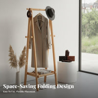 Solid Wood Wooden Clothes Rack Stable Structure Wooden Clothes Rack with Shelves Space Saving Hall Tree with Storage Shelves Large Capacity for Renters, Homeowners, Students, Entryway, Bedroom, Living Room, Apartment