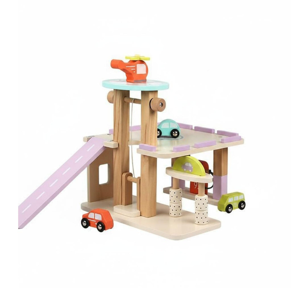 3 Level Car Garage Interactive Toy Vehicle Ramp Toy with Elevator Wooden Parking Center for Children, Young Children, Playroom, Nursery