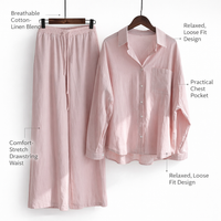 Airport Outfit 2 Piece Set for Women with Wide Leg Trousers, Linen Blend Matching for Spring Travel, Casual Loungewear