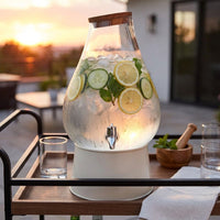 Water Dispenser and Juice Dispenser with Tap, Pear Shaped Drink Vessel with Wood Lid, Simple Glass Carafe for Home Bar Party