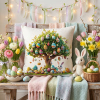 Easter Cushion Cover Linen Rabbit & Egg Tree Pattern, Decorative Throw Pillow Case with Invisible Zip, Farmhouse Spring Home Decoration for Sofa Couch Living Room Bedroom (45cm x 45cm)