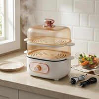 Transparent Chambers 2-Tier Food Steamer Rotary Control Knob Two-Tier Food Steamer Side Handles Steam Cooker Compact