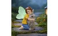Winged Boy Hare Figurine Hand-Painted Boy Hugging Bunny Statue Gift Ready Hugging Bunnies Figurine for Garden