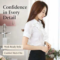 Professional Blouse for Women with Ruffle Pleated Details and Tailored Design, Short Sleeve Work Shirt for Office, Extended Sizes up to 5XL