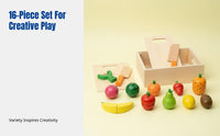 Wooden Pretend Play Kitchen Toy, Fruit & Vegetable Cutting Set for Children, Storage Box