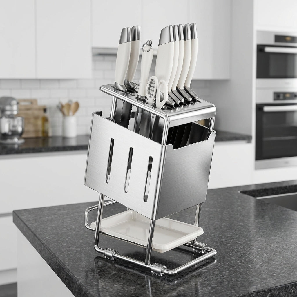 Thickened Bright Finish Slanted Knife Holder with Chopstick Holder (Stainless Steel Upgrade), Thickened Gunmetal Grey Slanted Knife Holder, Modern