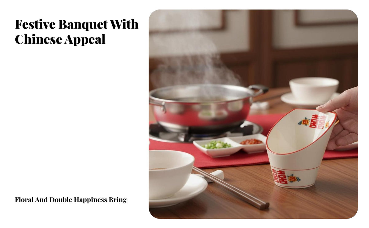 Ceramic Chinese Tableware Set, Double Happiness Vintage Dinnerware, Floral Pattern for Restaurant, Banquet, Hot Pot