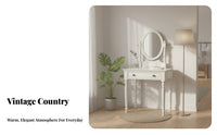 USA-inspired Country Aesthetic Vanity Set with Mirror and Stool Vintage design Dressing Table Space-Saving Design Bedroom Furniture for Apartment Dwellers, Home Decor lovers, Women, Small Spaces