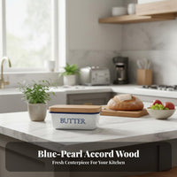 Enamel Butter Dish Dishwasher Butter Keeper with Wood Lid Kitchenware for Cooks, Hosts, Kitchen Countertop, Refrigerator, Dining Table