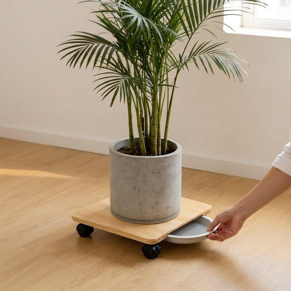 Wooden Square Plant Caddy with Water Reservoir Tray and Wheels
