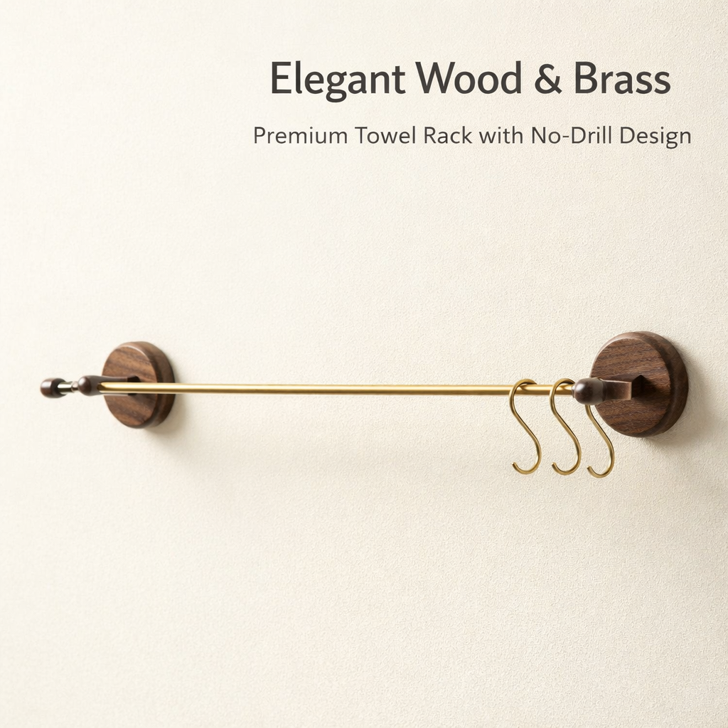 Towel Rack Wall Mounted Wooden Single Bar for Washroom & Bathroom, No Drill Vintage Storage for Homeowner, Kitchen Bar, Easy Installation