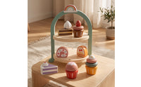 Wooden Dessert Rack with Imitation Desserts Tabletop Cake Toy with Cupcake Stand Colorful Wooden Dessert Playset for Kids, Playroom, Preschool