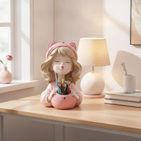 Pink Figurine Pen Holder Sculpted Girl Figurine Organizer Aesthetic Desk Organizer with Container Cartoon for Vanity