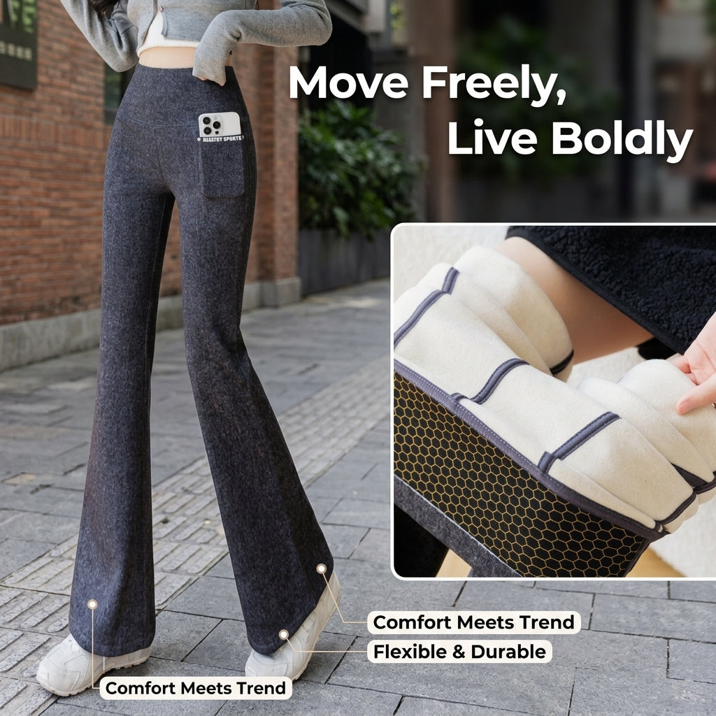 Flared Leggings for Women with Fleece Lined Thermal Material for Winter, High Waisted Bootcut Loungewear with Shaping and Pockets