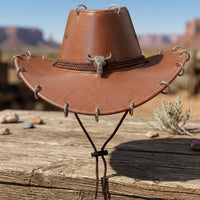 Cowboy Hat with Skull Ornament Western Cowboy Hat with Chin Cord Textured Adjustable for Men, Festivals, Costume Parties
