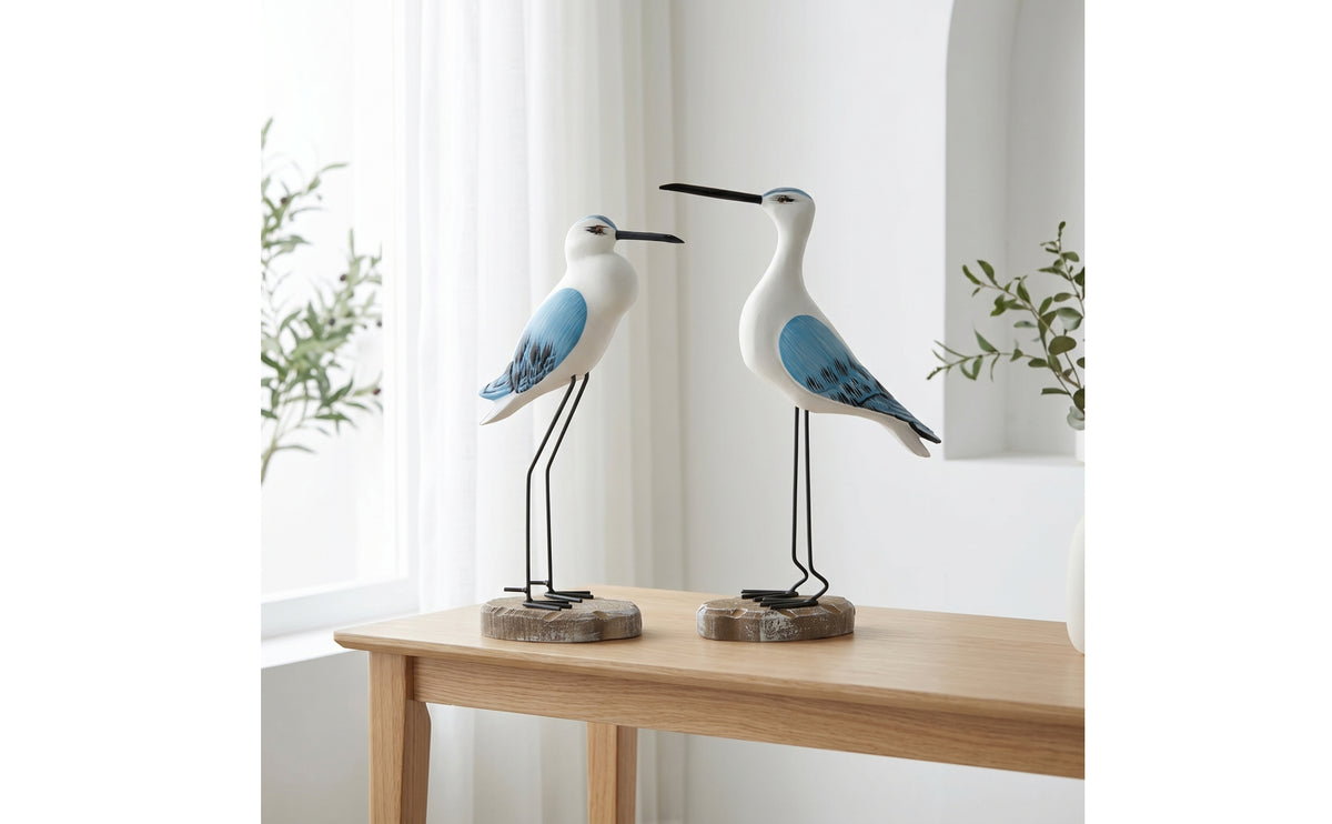 2 Pieces Bird Figurine Tabletop Sculpture with Pedestal Coastal Bird Statue for Desk