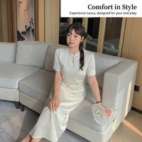 Chinese Dress Midi for Women with Three Quarter Puff Sleeves, Embroidered Cheongsam Qipao for Wedding Guest, Satin Jacquard Formal Occasion