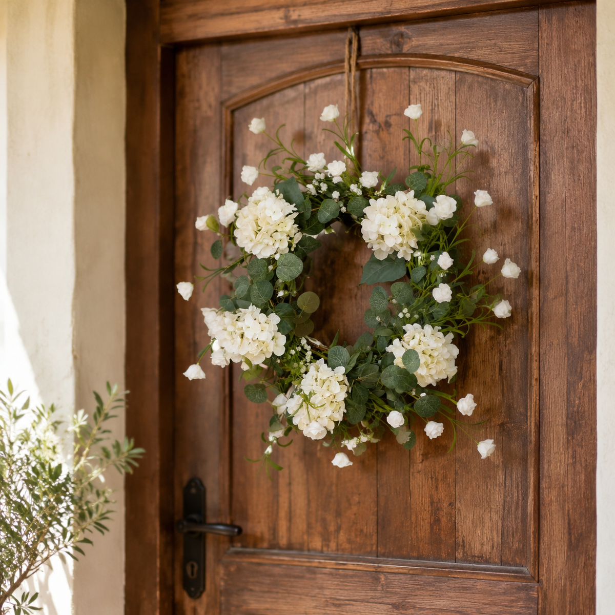 Hydrangea Door Wreath for Front Door, Artificial Matte Green with Berry Accents, Traditional Wall Decor, Low Maintenance All Year