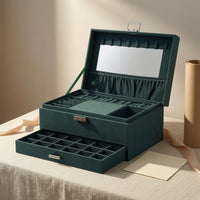 Divided Compartments Velvet Jewelry Box Hinged Lid Jewelry Box with Drawer Metal Latch Display Case Green