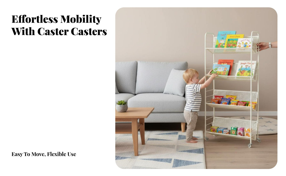 With Wheels Multi-Tier Rolling Rack Space Saving 5-Tier Mobile Bookshelf Heavy-Duty Utility Rolling Rack accessibleShelf Design for Homeowners, Students, Teachers, Living Room, Bedroom, Kitchen, Office