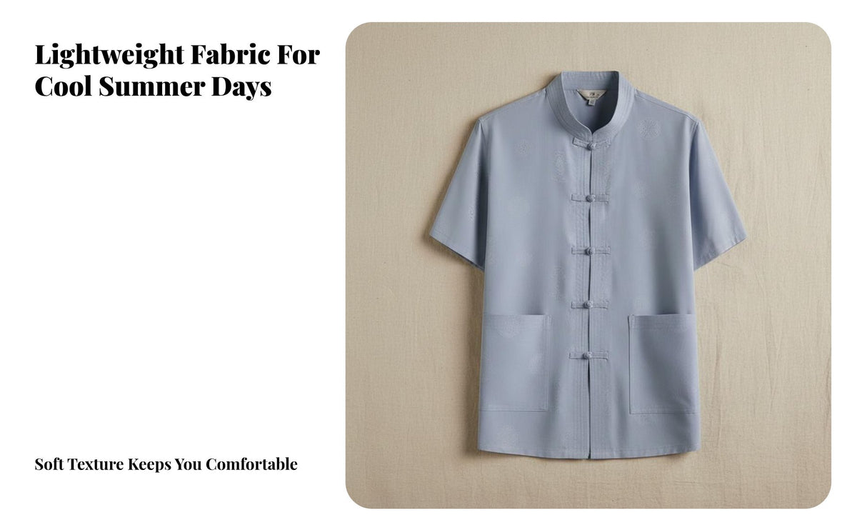 Tang Suit Shirt for Elderly Men, Chinese Style, Handmade Frog Buttons, Short Sleeve